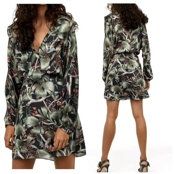 Johanna Ortiz X H&M Dress Women‎ Medium Green Tropical Floral Flounce Mini NWT - Picture 1 of 13